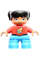 Lego Ville Duplo figure, child girl with dark azure legs, red top featuring a space rocket ship, and black hair - 47205pb090