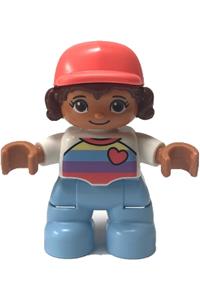 Duplo Child Girl - Lego Ville Duplo figure of a girl child with bright light blue legs, white top with stripes and heart, reddish brown hair, and coral cap - 47205pb091