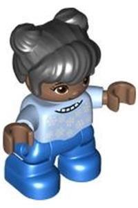 Duplo Child Girl - Lego Ville Duplo figure: Child girl with black hair, reddish brown eyes, wearing bright light blue top with white snowflakes and blue legs - 47205pb092