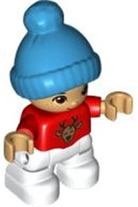 Duplo Figure Lego Ville, Child Boy, White Legs, Red Top with Deer Buck, Freckles, Reddish Brown Eyes, Dark Azure Bobble Cap 47205pb093