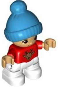 Duplo Child Boy - Lego Ville Duplo figure of a boy child with white legs, a red top featuring a deer buck, freckles, reddish brown eyes, and a dark azure bobble cap - 47205pb093