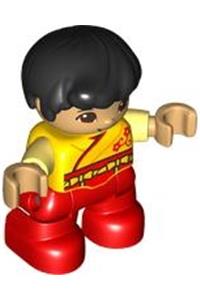 Duplo Child Boy - LEGO Ville Duplo figure: Boy with black hair, reddish brown eyes, yellow robe, bright light yellow arms, and red legs - 47205pb094