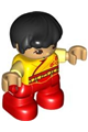 LEGO Ville Duplo figure: Boy with black hair, reddish brown eyes, yellow robe, bright light yellow arms, and red legs - 47205pb094