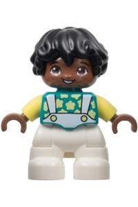 Duplo Child Boy - Lego Ville Duplo figure, child boy with white legs, dark turquoise top with suspenders, bright light yellow sleeves, and black hair - 47205pb096