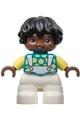 Lego Ville Duplo figure, child boy with white legs, dark turquoise top with suspenders, bright light yellow sleeves, and black hair - 47205pb096