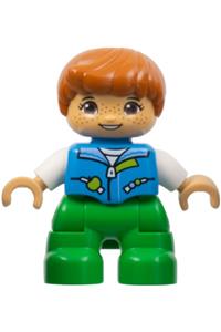 Duplo Figure Lego Ville, Child Boy, Bright Green Legs, Dark Azure Vest, White Shirt, Dark Orange Hair, Hearing Aids (6443276) 47205pb097