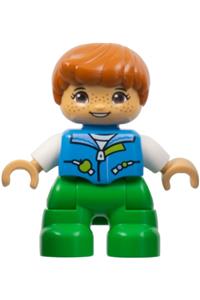 Duplo Child Boy - Lego Ville Duplo figure of a child boy with bright green legs, dark azure vest, white shirt, dark orange hair, and hearing aids - 47205pb097