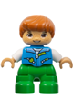Lego Ville Duplo figure of a child boy with bright green legs, dark azure vest, white shirt, dark orange hair, and hearing aids - 47205pb097