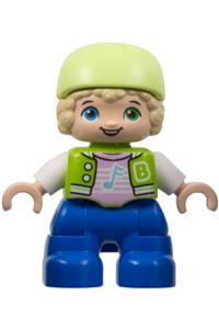 Duplo Figure Lego Ville, Child Boy, Blue Legs, Lime Jacket with White Sleeves, Bright Pink Shirt, Yellowish Green Bicycle Helmet (6424661) 47205pb098