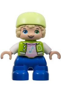 Duplo Child Boy - Lego Ville Duplo figure of a child boy with blue legs, lime jacket with white sleeves, bright pink shirt, and a yellowish green bicycle helmet - 47205pb098