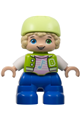 Lego Ville Duplo figure of a child boy with blue legs, lime jacket with white sleeves, bright pink shirt, and a yellowish green bicycle helmet - 47205pb098