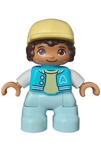 Duplo figure, child girl, light aqua legs, medium azure jacket with capital letter a and buttons, dark brown hair, bright light yellow cap (6435328) 47205pb099
