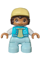 Duplo figure, child girl, light aqua legs, medium azure jacket with capital letter a and buttons, dark brown hair, bright light yellow cap (6435328) - 47205pb099