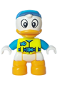Duplo Ville figure of Dewey Duck with neon yellow life jacket, dark azure arms, and cap - 47205pb101