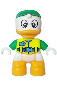 Duplo Louie Duck - Lego Ville Duplo figure Louie Duck wearing a neon yellow life jacket, bright green arms, and cap - 47205pb102