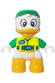 Lego Ville Duplo figure Louie Duck wearing a neon yellow life jacket, bright green arms, and cap - 47205pb102
