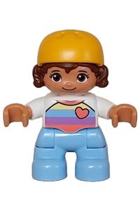 Duplo Child Girl - Lego Ville Duplo figure of a child girl with bright light blue legs, wearing a white shirt with assorted stripes, a coral heart, and reddish brown hair under a bright light orange helmet - 47205pb103