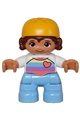 Lego Ville Duplo figure of a child girl with bright light blue legs, wearing a white shirt with assorted stripes, a coral heart, and reddish brown hair under a bright light orange helmet - 47205pb103