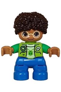 Duplo Child Boy - Lego Ville Duplo figure of a boy wearing blue legs, lime vest, yellowish green shirt, bright light yellow glasses, and dark brown hair - 47205pb104