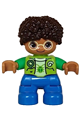 Lego Ville Duplo figure of a boy wearing blue legs, lime vest, yellowish green shirt, bright light yellow glasses, and dark brown hair - 47205pb104