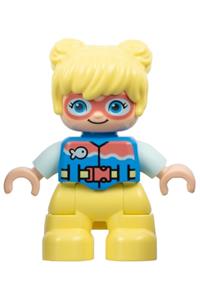 Duplo Figure Lego Ville, Child Girl, Bright Light Yellow Legs and Hair, Dark Azure Vest, Dark Pink Goggles, Light Aqua Arms (6449853) 47205pb105