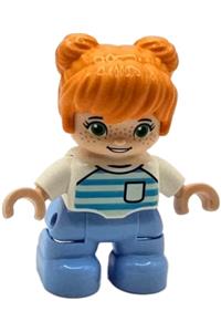 Duplo Child Girl - Lego Ville Duplo figure: child girl with orange hair, wearing bright light blue legs, medium azure and light aqua striped shirt, with green eyes, freckles, and white arms - 47205pb107
