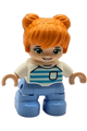 Lego Ville Duplo figure: child girl with orange hair, wearing bright light blue legs, medium azure and light aqua striped shirt, with green eyes, freckles, and white arms - 47205pb107