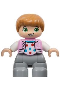 Duplo Figure Lego Ville, Child Boy, Light Bluish Gray Legs, Bright Pink Jacket with Capital Letter C, Polka Dot Shirt, Medium Nougat Hair (6446171) 47205pb109