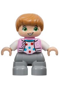 Duplo Child Boy - Lego Ville Duplo figure of a child boy with light bluish gray legs, a bright pink jacket with a capital letter C, polka dot shirt, and medium nougat hair - 47205pb109