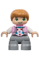 Duplo Figure Lego Ville, Child Boy, Light Bluish Gray Legs, Bright Pink Jacket with Capital Letter C, Polka Dot Shirt, Medium Nougat Hair (6446171) - 47205pb109