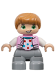 Lego Ville Duplo figure of a child boy with light bluish gray legs, a bright pink jacket with a capital letter C, polka dot shirt, and medium nougat hair - 47205pb109
