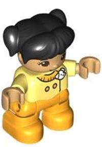 Duplo Figure Lego Ville, Child Girl, Bright Light Orange Legs, Bright Light Yellow Top with White Dog Head, Black Hair with Pigtails (6444088) 47205pb110