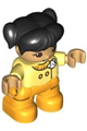 LEGO Ville Duplo figure: girl with bright light orange legs, bright light yellow top with white dog head, black hair with pigtails - 47205pb110