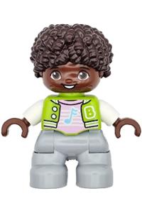 Duplo Figure Lego Ville, Child Boy, Light Bluish Gray Legs, Lime Jacket with White Sleeves, Bright Pink Shirt, Dark Brown Hair (6469554) 47205pb111