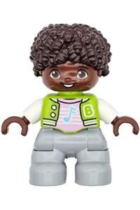 Duplo Child Boy - LEGO Ville Duplo figure - Boy with light bluish gray legs, lime jacket with white sleeves, bright pink shirt, and dark brown hair - 47205pb111