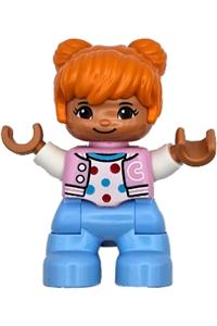 Duplo Child Girl - LEGO Ville Duplo figure: girl with bright pink jacket (capital letter C), polka dot shirt, orange hair, bright light blue legs - 47205pb112