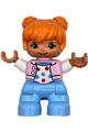 LEGO Ville Duplo figure: girl with bright pink jacket (capital letter C), polka dot shirt, orange hair, bright light blue legs - 47205pb112