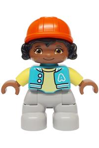 Duplo Figure Lego Ville Child Girl - Lego Ville Duplo figure: Child girl with light bluish gray legs, wearing a medium azure jacket with a capital letter A and buttons, black hair, and a reddish orange riding helmet - 47205pb113