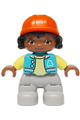 Duplo Figure Lego Ville, Child Girl, Light Bluish Gray Legs, Medium Azure Jacket with Capital Letter A and Buttons, Black Hair, Reddish Orange Riding Helmet (6474068) - 47205pb113