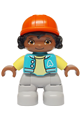 Lego Ville Duplo figure: Child girl with light bluish gray legs, wearing a medium azure jacket with a capital letter A and buttons, black hair, and a reddish orange riding helmet - 47205pb113