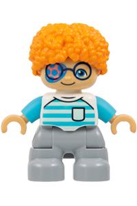 Duplo Child Boy - Duplo Figure Lego Ville, Child Boy, Light Bluish Gray Legs, White Shirt with Light Aqua and Medium Azure Stripes, Dark Blue Glasses, Coral and Dark Azure Eye Patch, Orange Hair (6533350) - 47205pb121