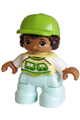 Child boy Duplo figure with dark brown hair, lime cap, bright light yellow shirt with train pattern, and light aqua legs - 47205pb125