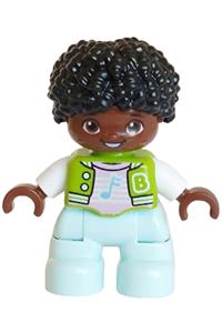Duplo Child Boy - Child boy with black hair, light aqua legs, wearing a lime jacket over a bright pink shirt with white letter B outline, buttons, stripes, and blue music notes - 47205pb126