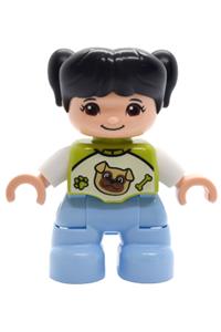 Duplo Child Girl - Child girl with black pigtails wearing a lime top with a pug dog pattern and bright light blue legs - 47205pb127