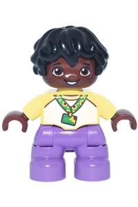 Duplo Child Boy - Child boy with black hair, wearing a bright light yellow and white baseball t-shirt with sunflower ID badge, and medium lavender legs - 47205pb130