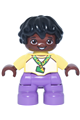 Child boy with black hair, wearing a bright light yellow and white baseball t-shirt with sunflower ID badge, and medium lavender legs - 47205pb130