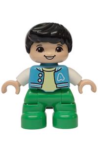 Duplo Child Boy - Duplo Ville child boy with black hair, medium azure jacket with capital letter A and buttons, and bright green legs - 47205pb131