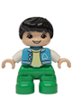Duplo Ville child boy with black hair, medium azure jacket with capital letter A and buttons, and bright green legs - 47205pb131