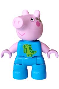 Duplo George Pig - George Pig Duplo figure with dark azure outfit, green dinosaur outline on lime background, and silver earpiece pattern - 47205pb134