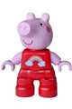 Peppa Pig Duplo figure wearing a red outfit with coral, bright light yellow and medium lavender rainbow and white clouds pattern - 47205pb135